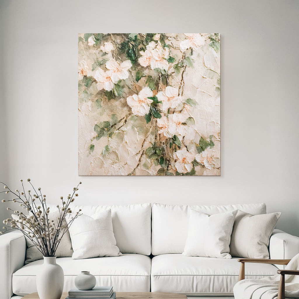 Abstrakte Florale Malerei Zarte Blüten Rosa Weiss Mit Grünem Laub