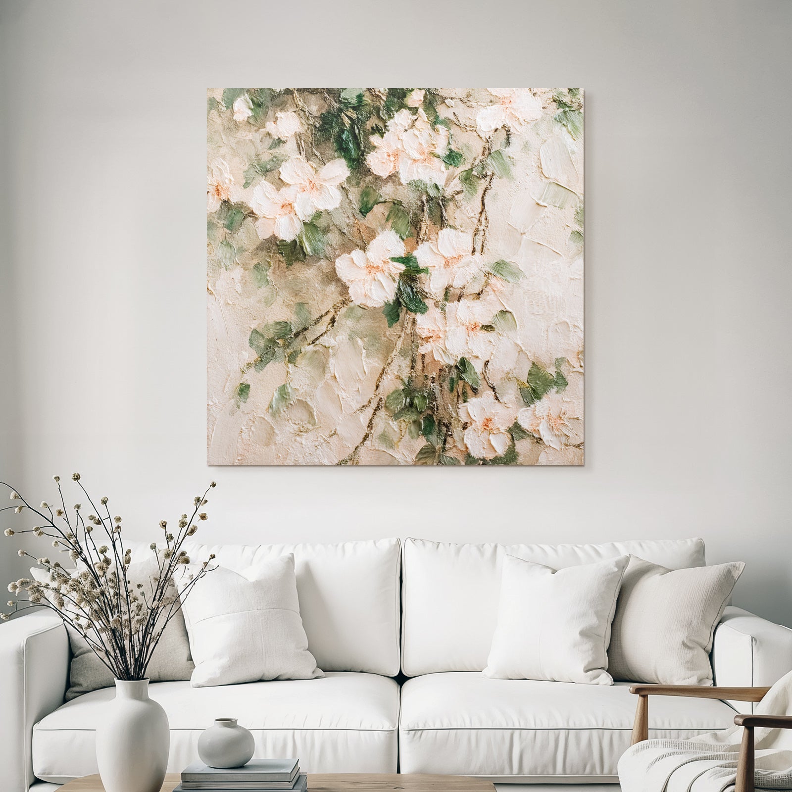 Abstrakte Florale Malerei Zarte Blüten Rosa Weiss Mit Grünem Laub
