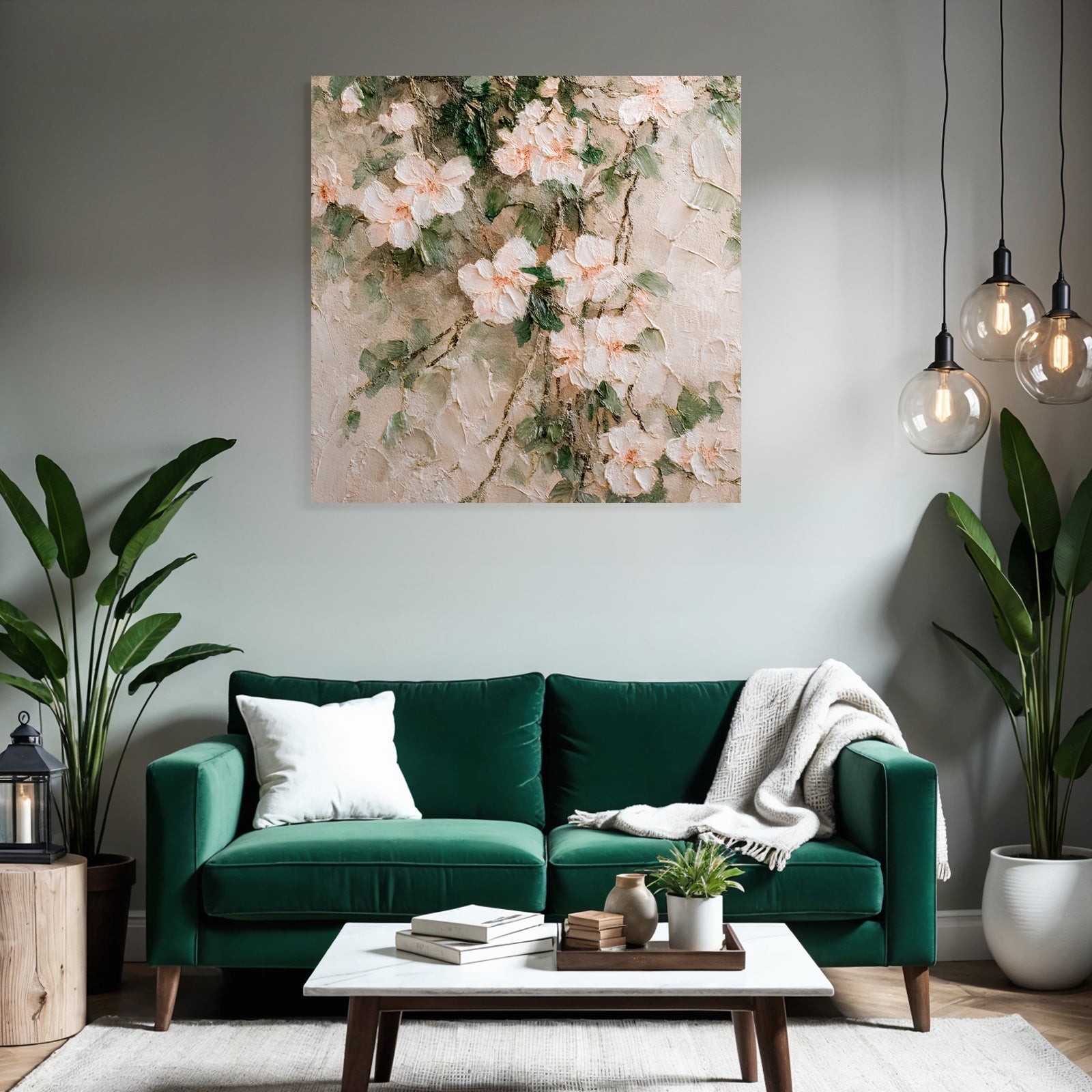 Abstrakte Florale Malerei Zarte Blüten Rosa Weiss Mit Grünem Laub