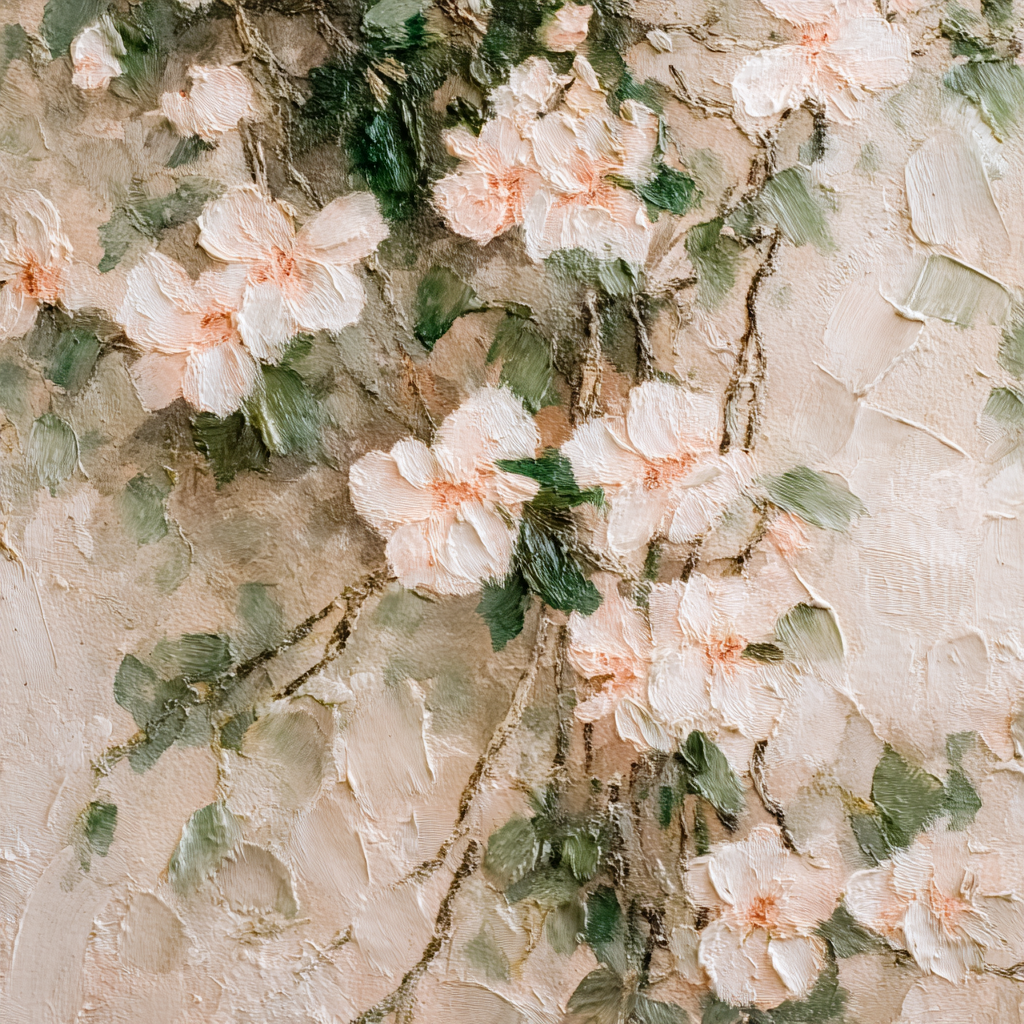 Abstrakte Florale Malerei Zarte Blüten Rosa Weiss Mit Grünem Laub | Wasserfaelle und Tropfen | Natur