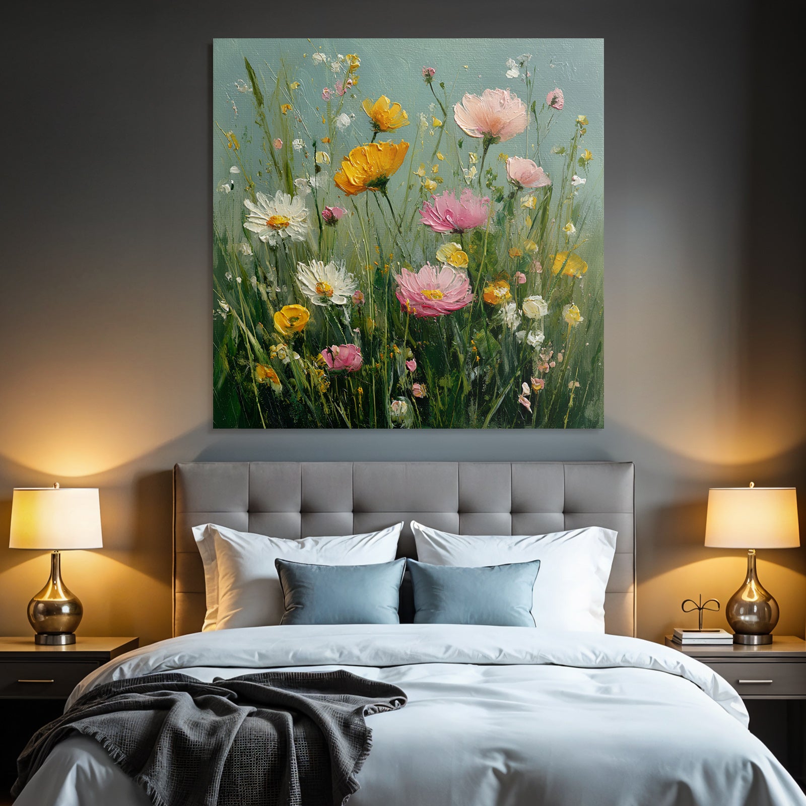 Bunte Blumenwiese Mit Rosa Gelben Und Weissen Blüten In Impressionistischem Stil
