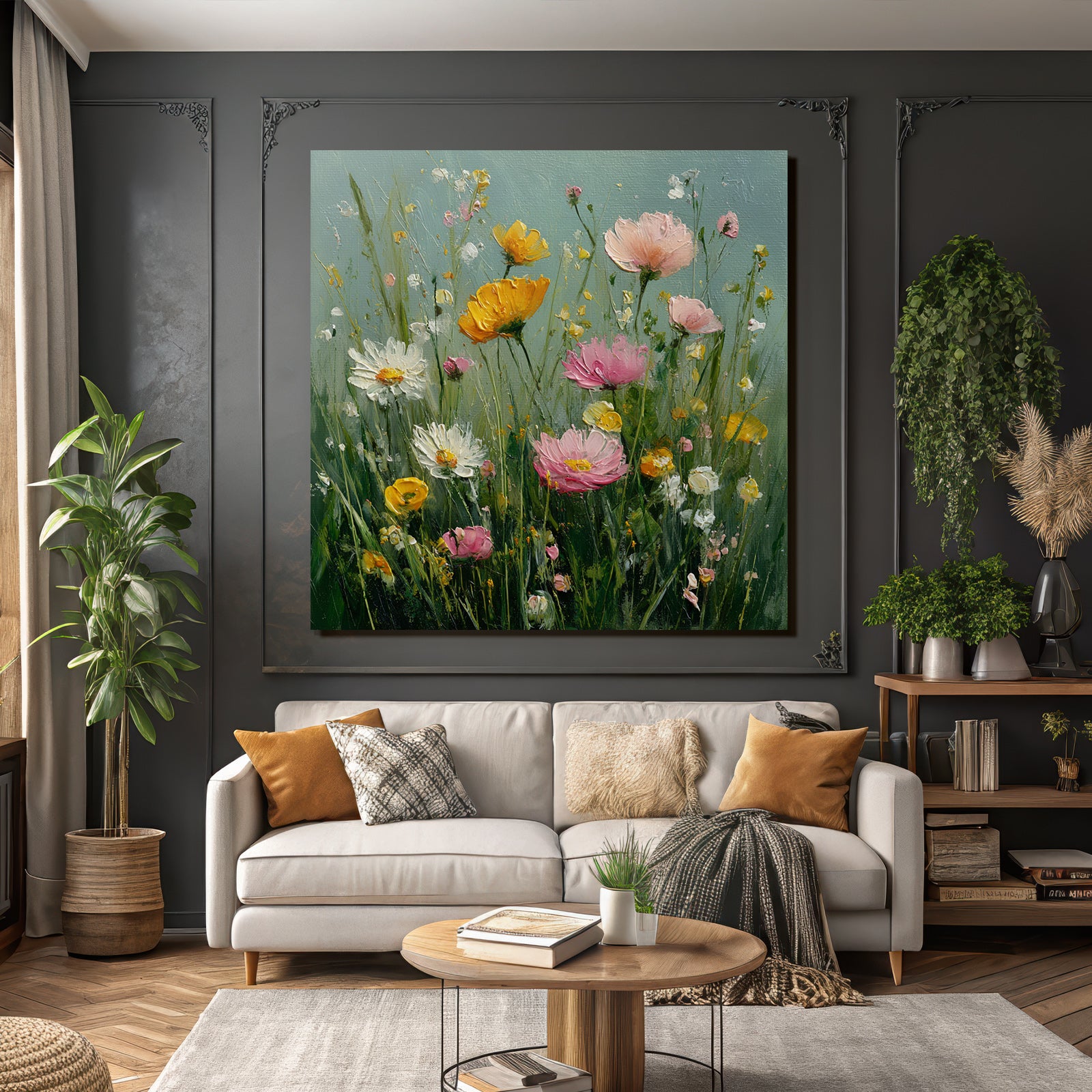 Bunte Blumenwiese Mit Rosa Gelben Und Weissen Blüten In Impressionistischem Stil