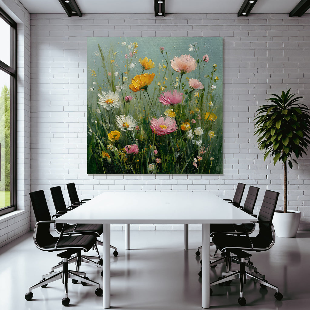 Bunte Blumenwiese Mit Rosa Gelben Und Weissen Blüten In Impressionistischem Stil