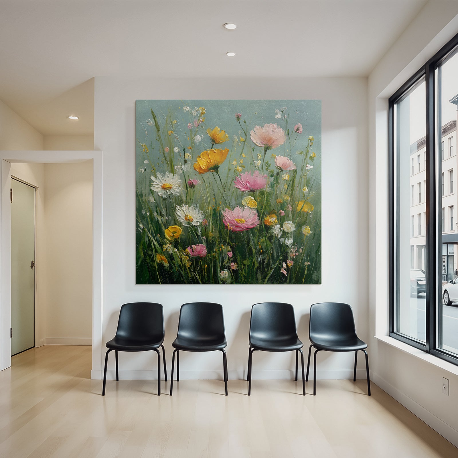 Bunte Blumenwiese Mit Rosa Gelben Und Weissen Blüten In Impressionistischem Stil