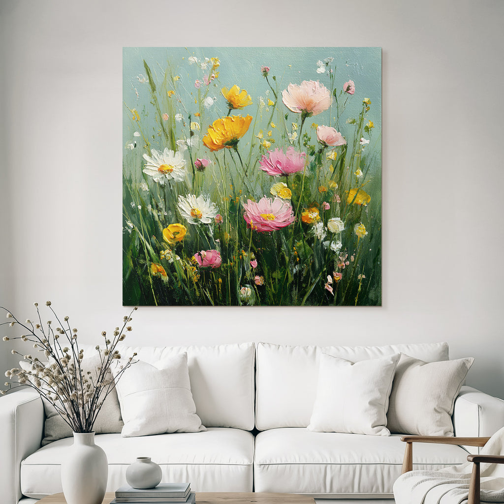 Bunte Blumenwiese Mit Rosa Gelben Und Weissen Blüten In Impressionistischem Stil