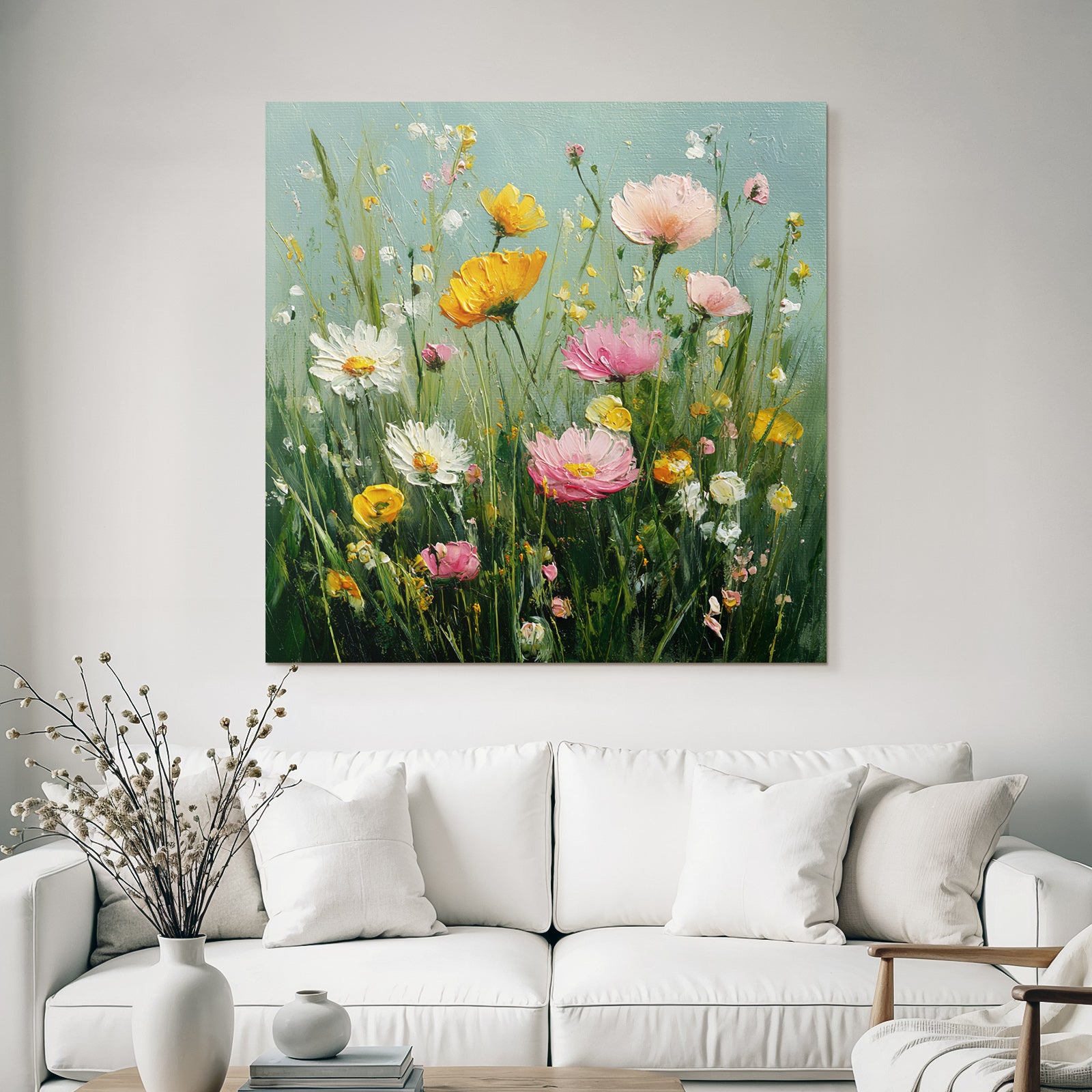 Bunte Blumenwiese Mit Rosa Gelben Und Weissen Blüten In Impressionistischem Stil