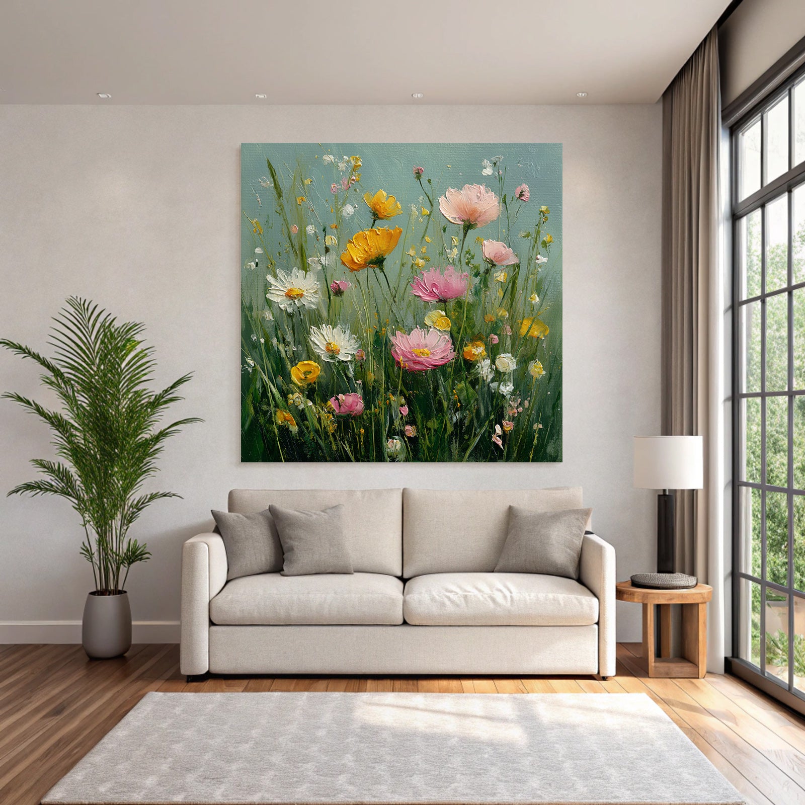 Bunte Blumenwiese Mit Rosa Gelben Und Weissen Blüten In Impressionistischem Stil