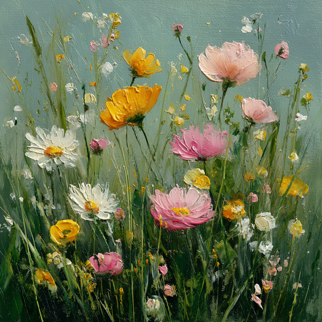 Bunte Blumenwiese Mit Rosa Gelben Und Weissen Blüten In Impressionistischem Stil | Wasserfaelle und Tropfen | Natur