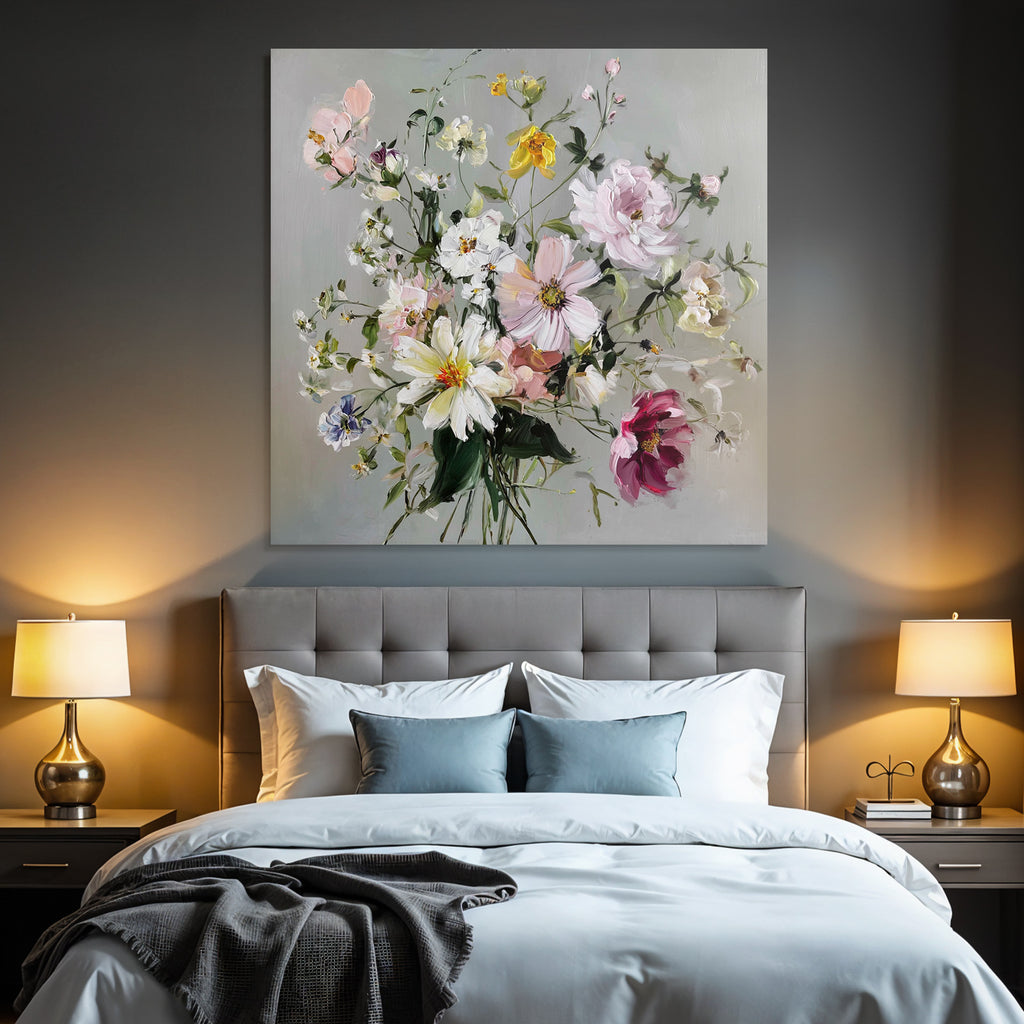 Buntes Impressionistisches Blumenbouqüt Vor Graüm Hintergrund