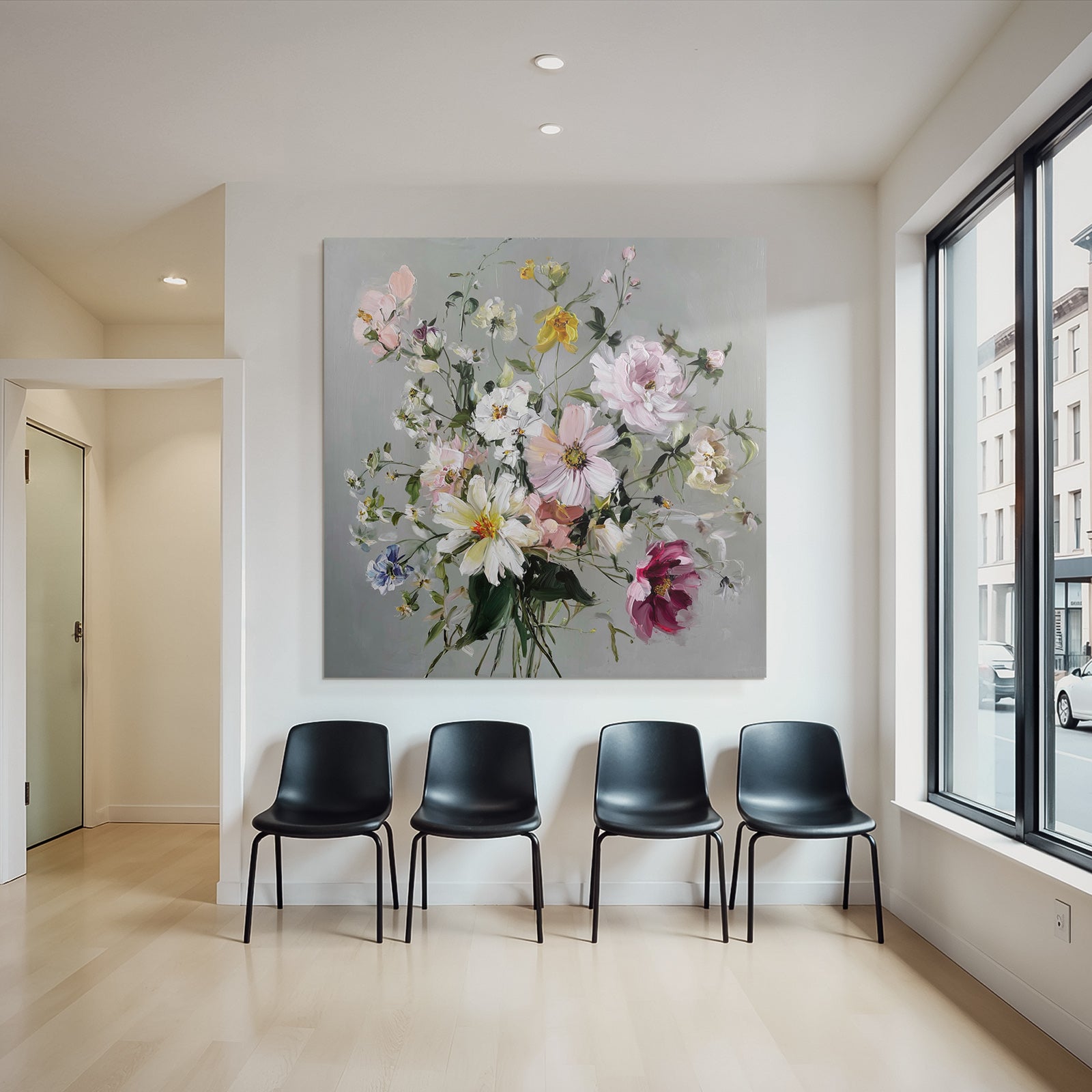 Buntes Impressionistisches Blumenbouqüt Vor Graüm Hintergrund