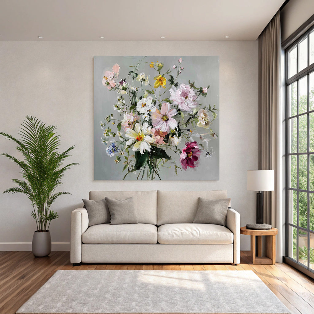 Buntes Impressionistisches Blumenbouqüt Vor Graüm Hintergrund