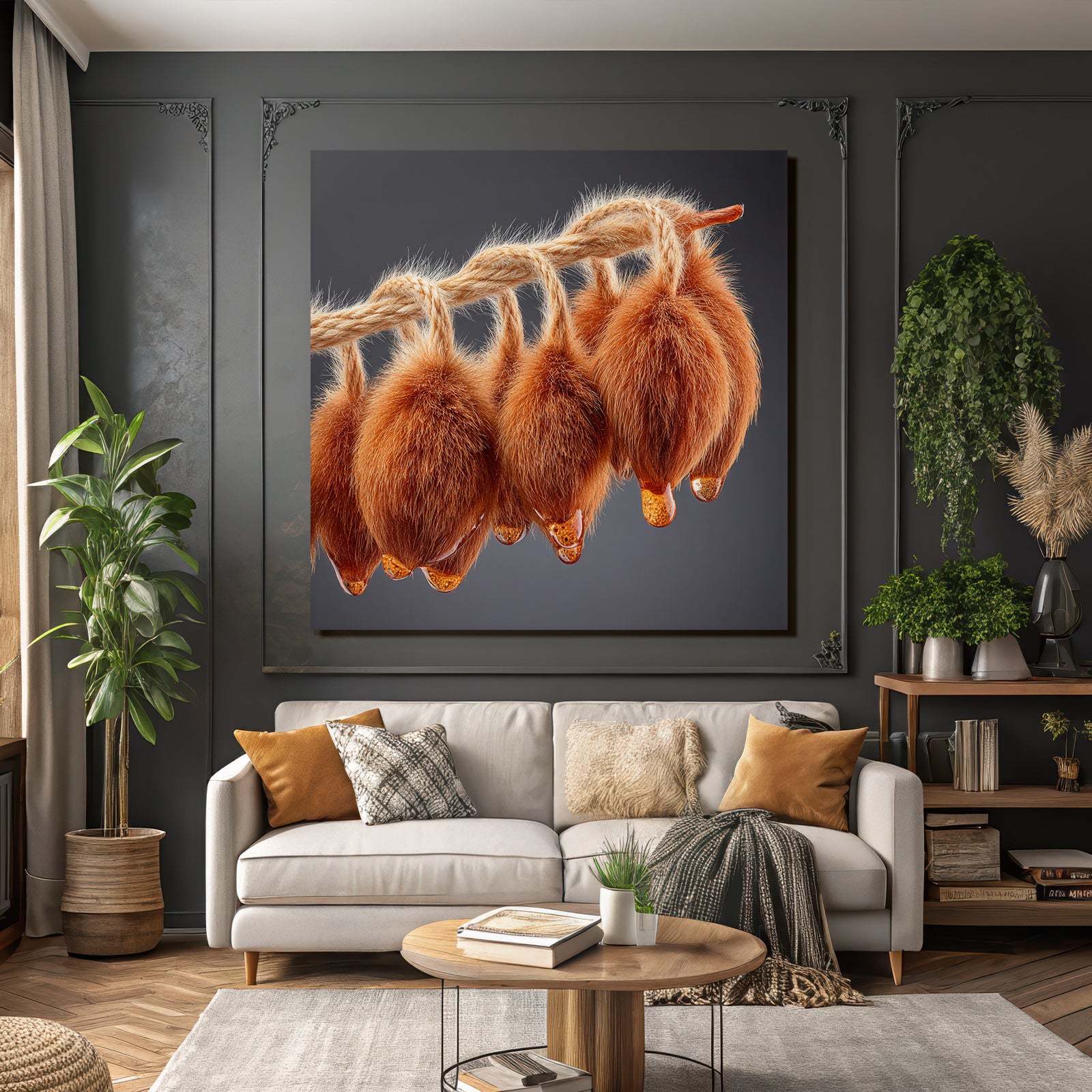 Flauschige Orange Objekte Am Seil Mit Tropfendem Honig