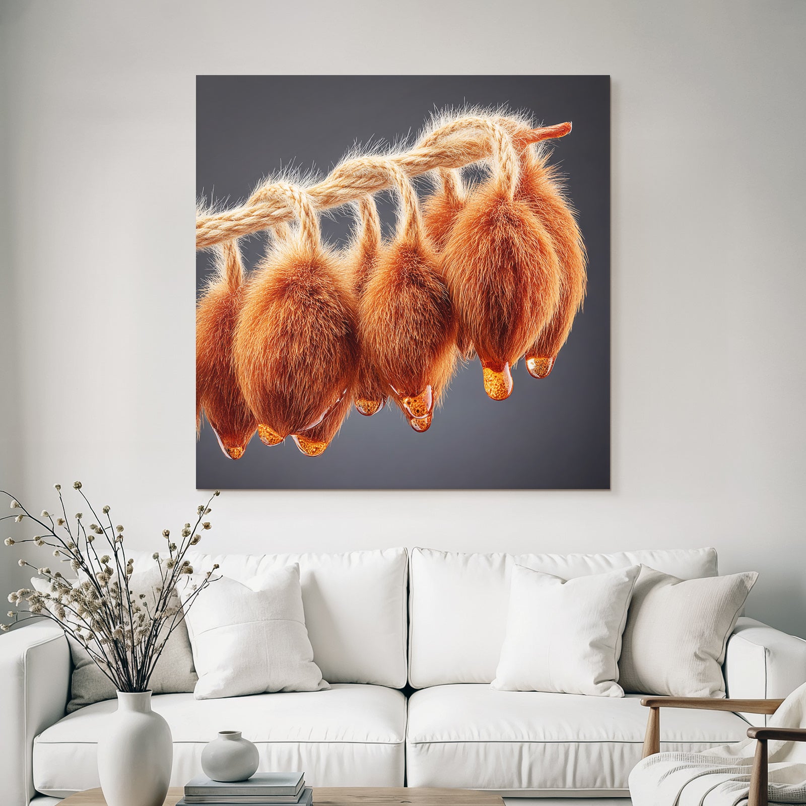 Flauschige Orange Objekte Am Seil Mit Tropfendem Honig