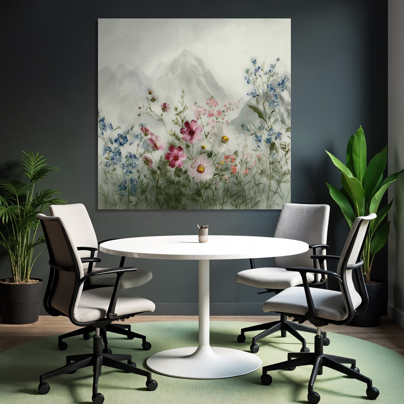 Friedliche Landschaft Mit Wasserfarben Blumen Und Bergen