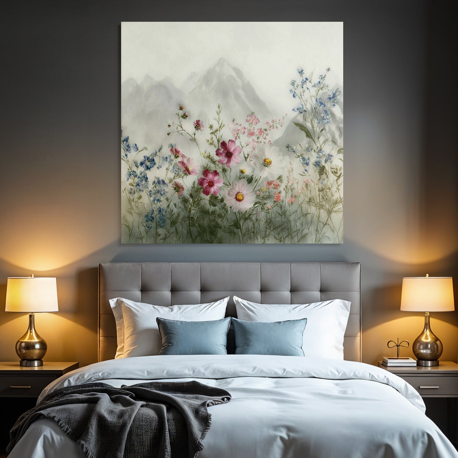 Friedliche Landschaft Mit Wasserfarben Blumen Und Bergen