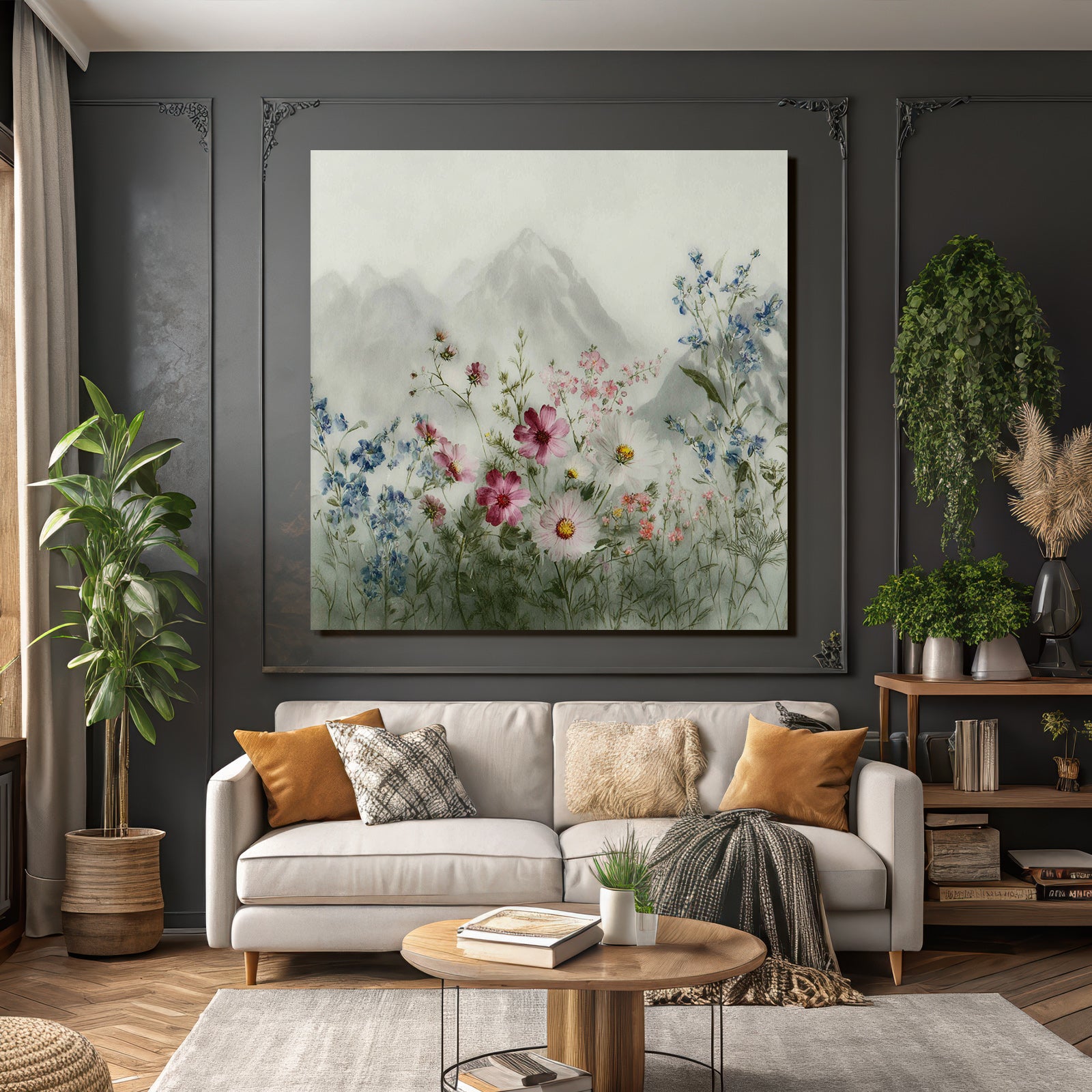 Friedliche Landschaft Mit Wasserfarben Blumen Und Bergen