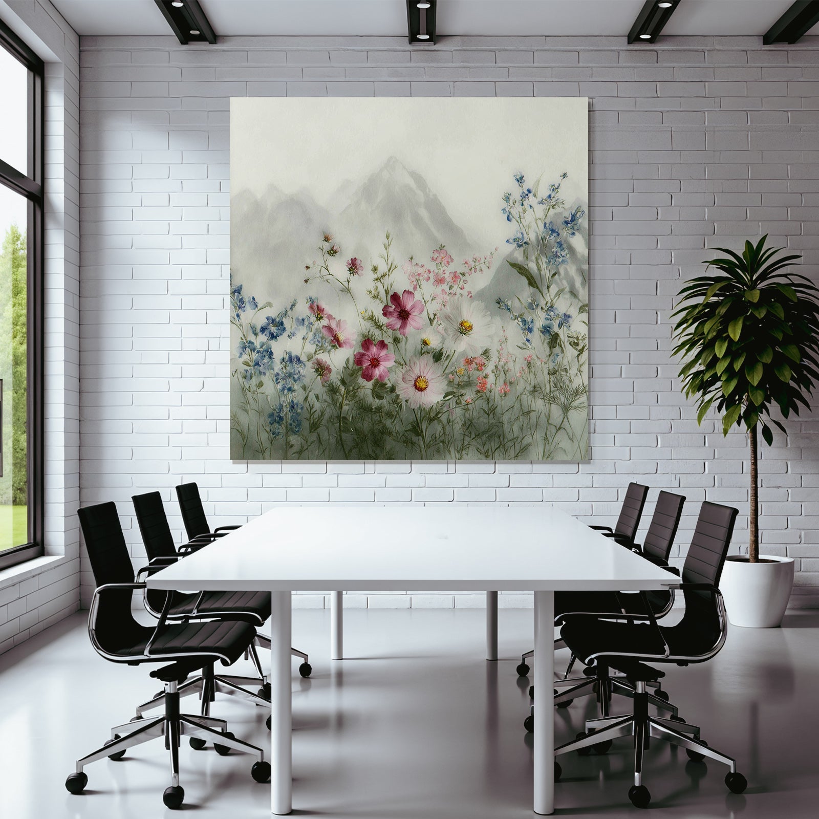 Friedliche Landschaft Mit Wasserfarben Blumen Und Bergen