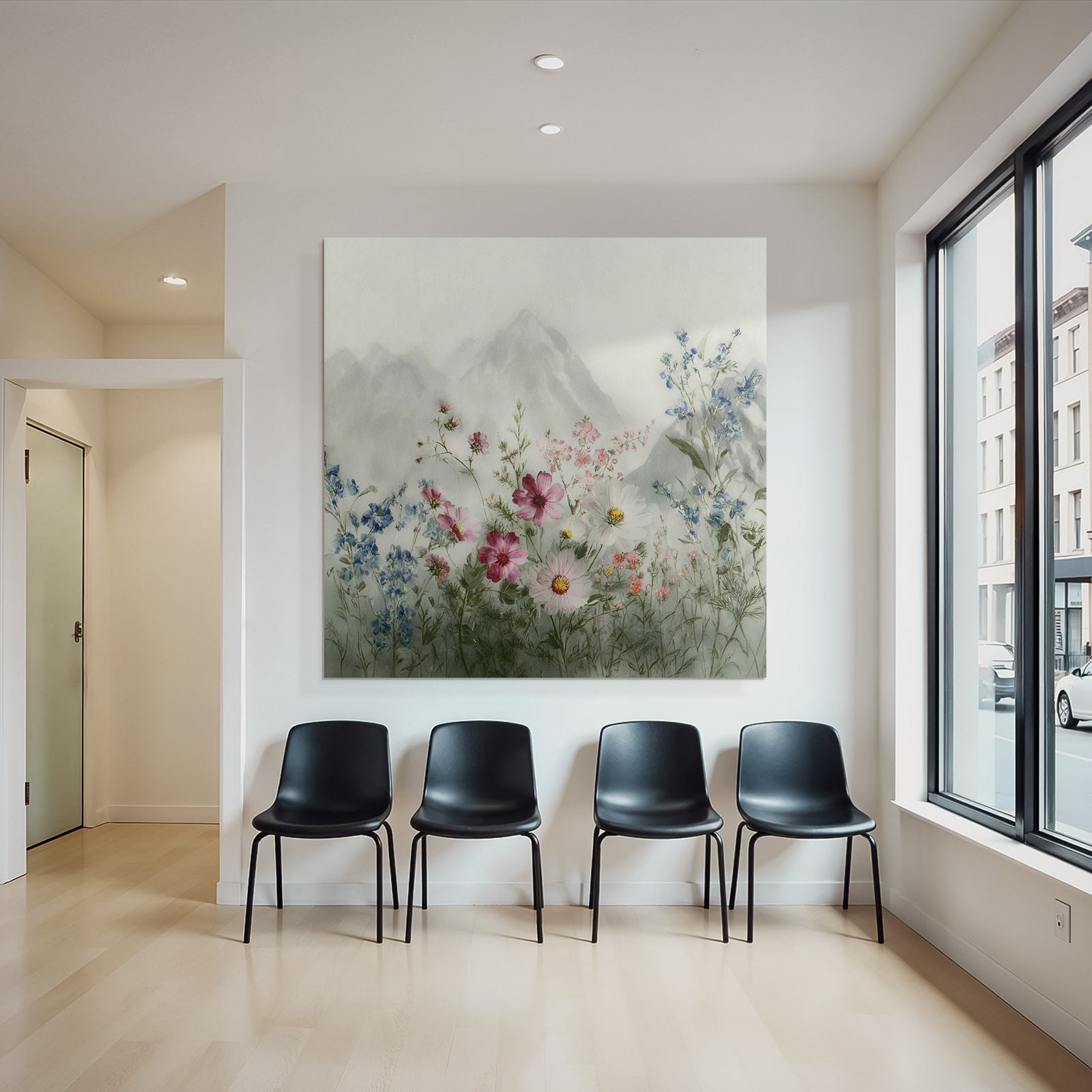 Friedliche Landschaft Mit Wasserfarben Blumen Und Bergen