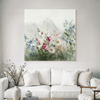 Friedliche Landschaft Mit Wasserfarben Blumen Und Bergen