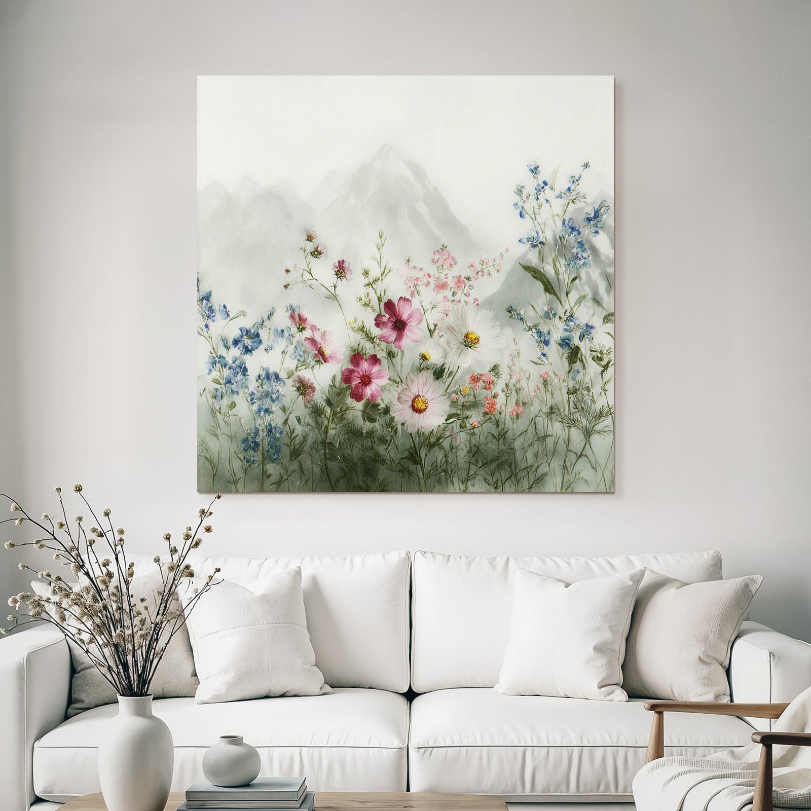 Friedliche Landschaft Mit Wasserfarben Blumen Und Bergen