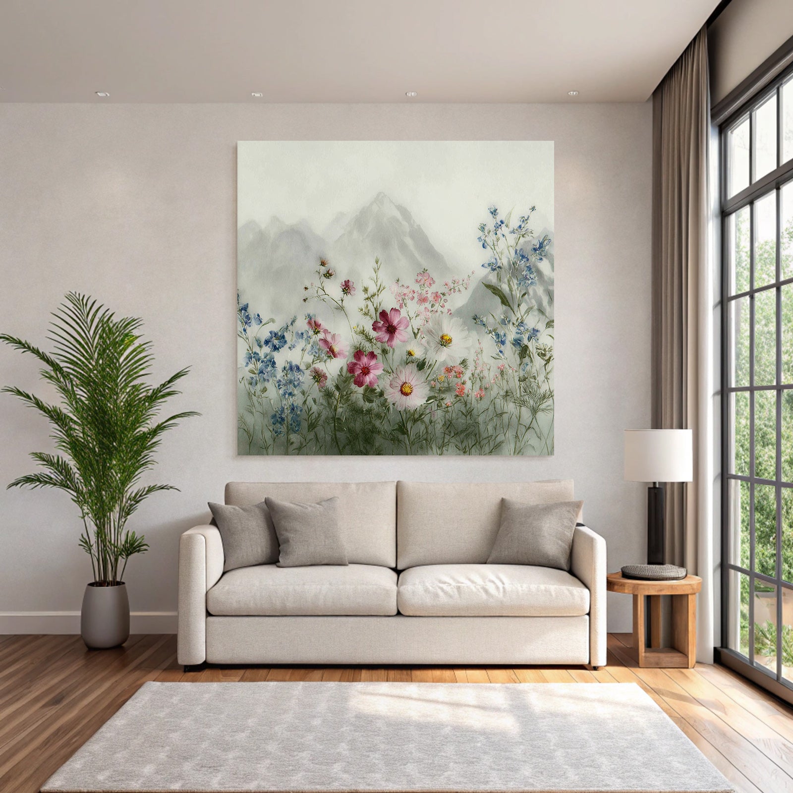 Friedliche Landschaft Mit Wasserfarben Blumen Und Bergen