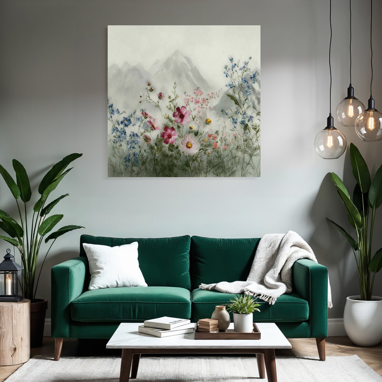 Friedliche Landschaft Mit Wasserfarben Blumen Und Bergen