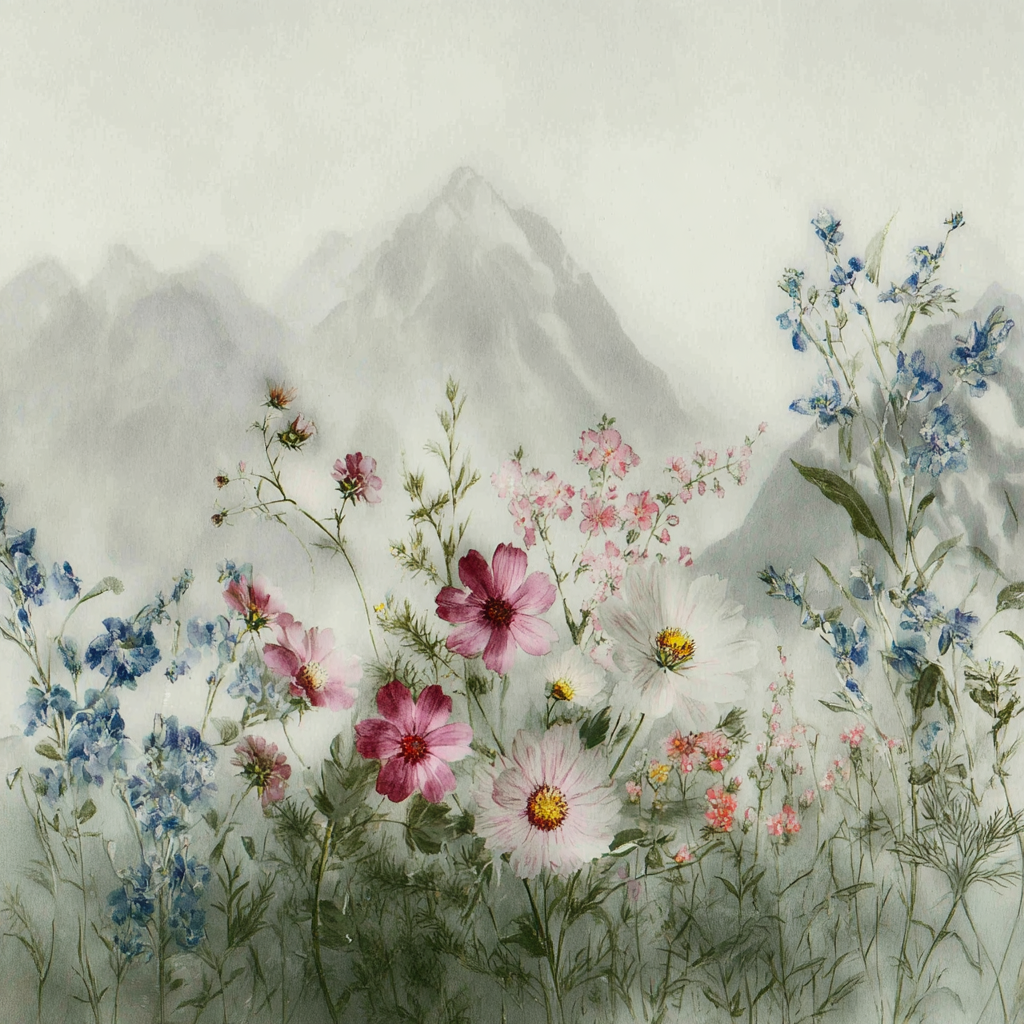 Friedliche Landschaft Mit Wasserfarben Blumen Und Bergen | Wasserfaelle und Tropfen | Natur