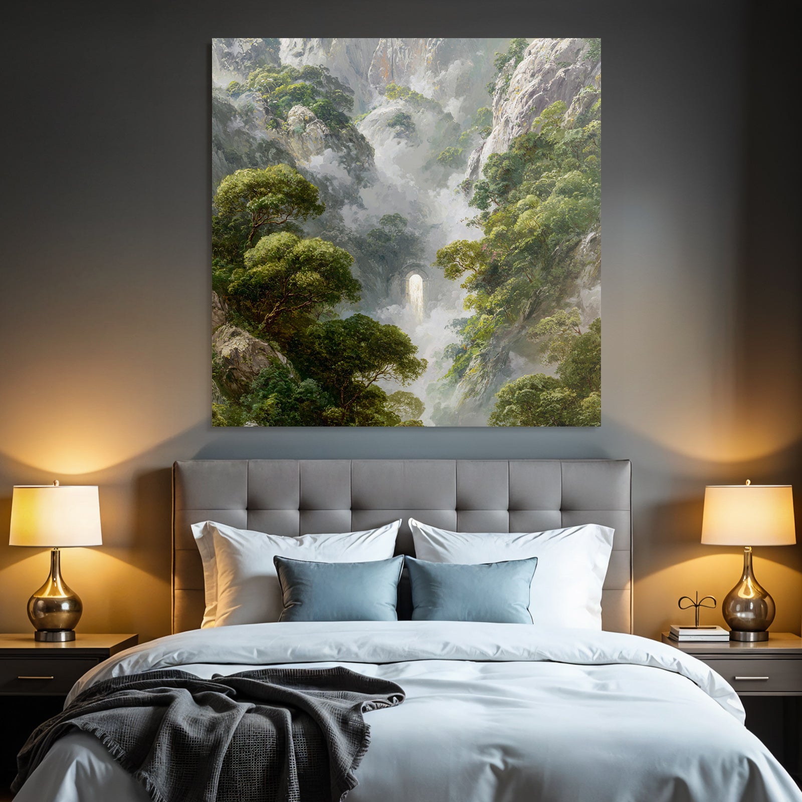 Mystische Berglandschaft Mit Nebligen Felsklippen Und Wasserfall