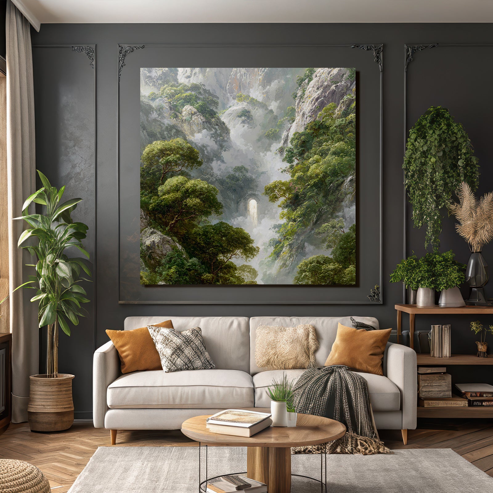 Mystische Berglandschaft Mit Nebligen Felsklippen Und Wasserfall