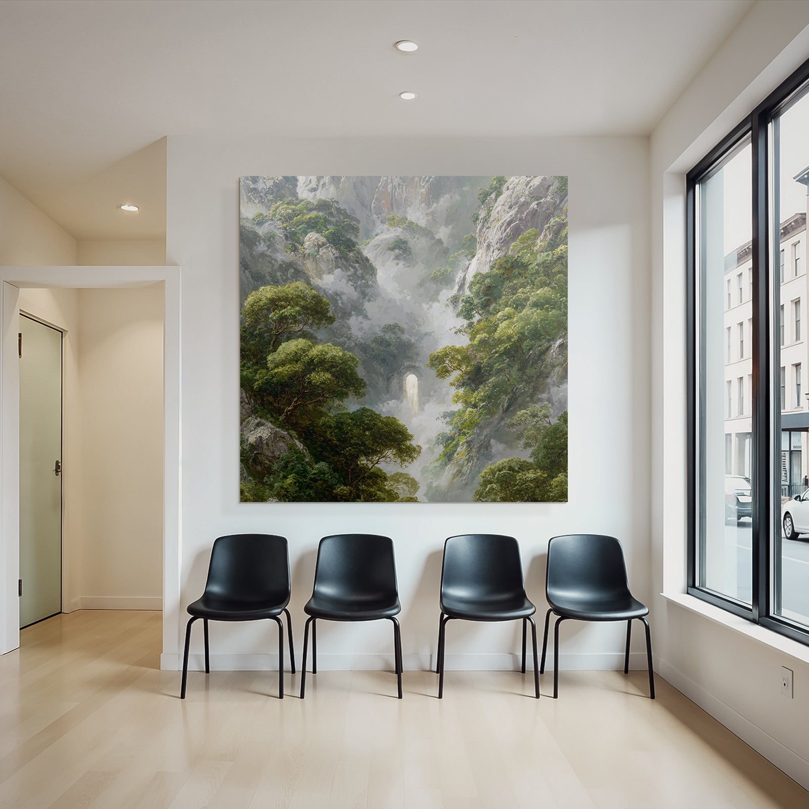 Mystische Berglandschaft Mit Nebligen Felsklippen Und Wasserfall