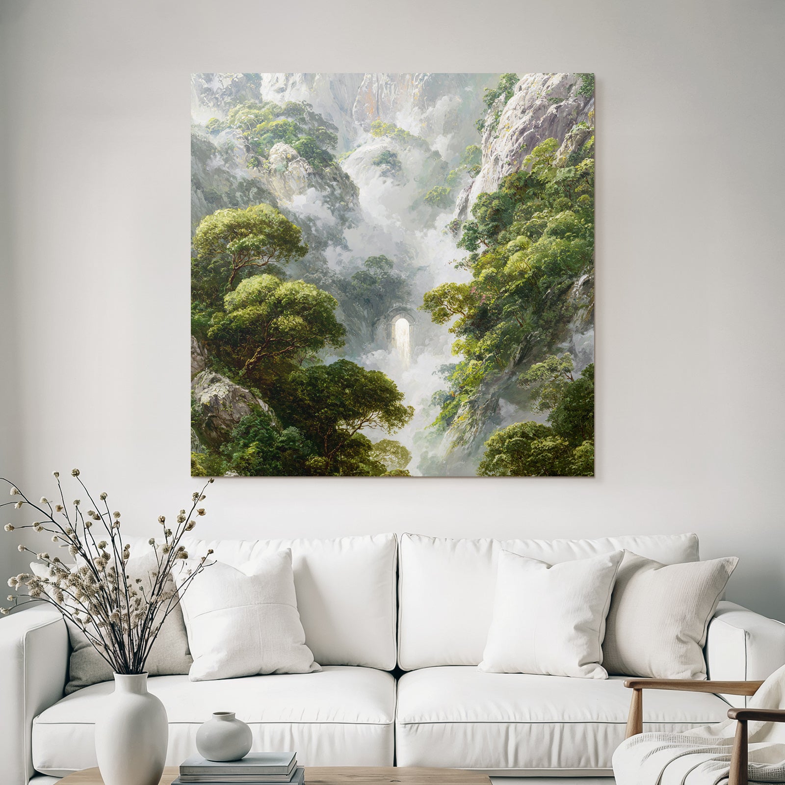 Mystische Berglandschaft Mit Nebligen Felsklippen Und Wasserfall
