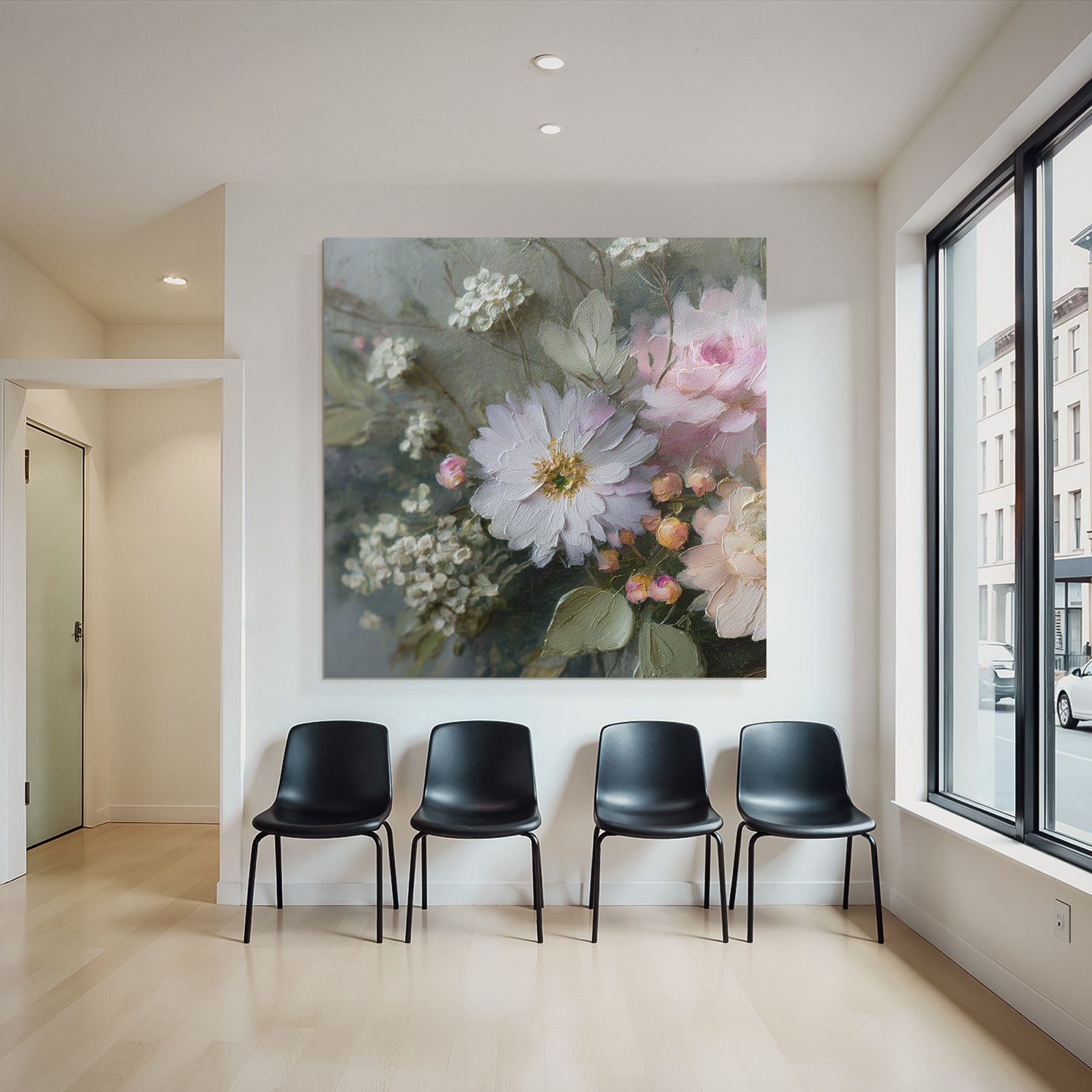 Rosa Weisse Blume Mit Grünen Blättern Und Dicken Pinselstrichen