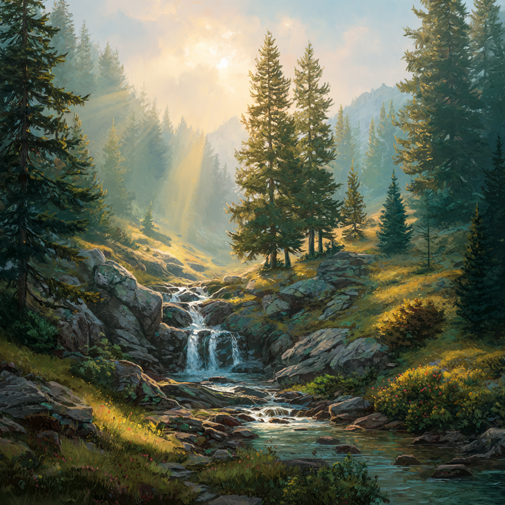 Ruhige Waldlandschaft Mit Bach Und Kiefern | Wasserfaelle und Tropfen | Natur