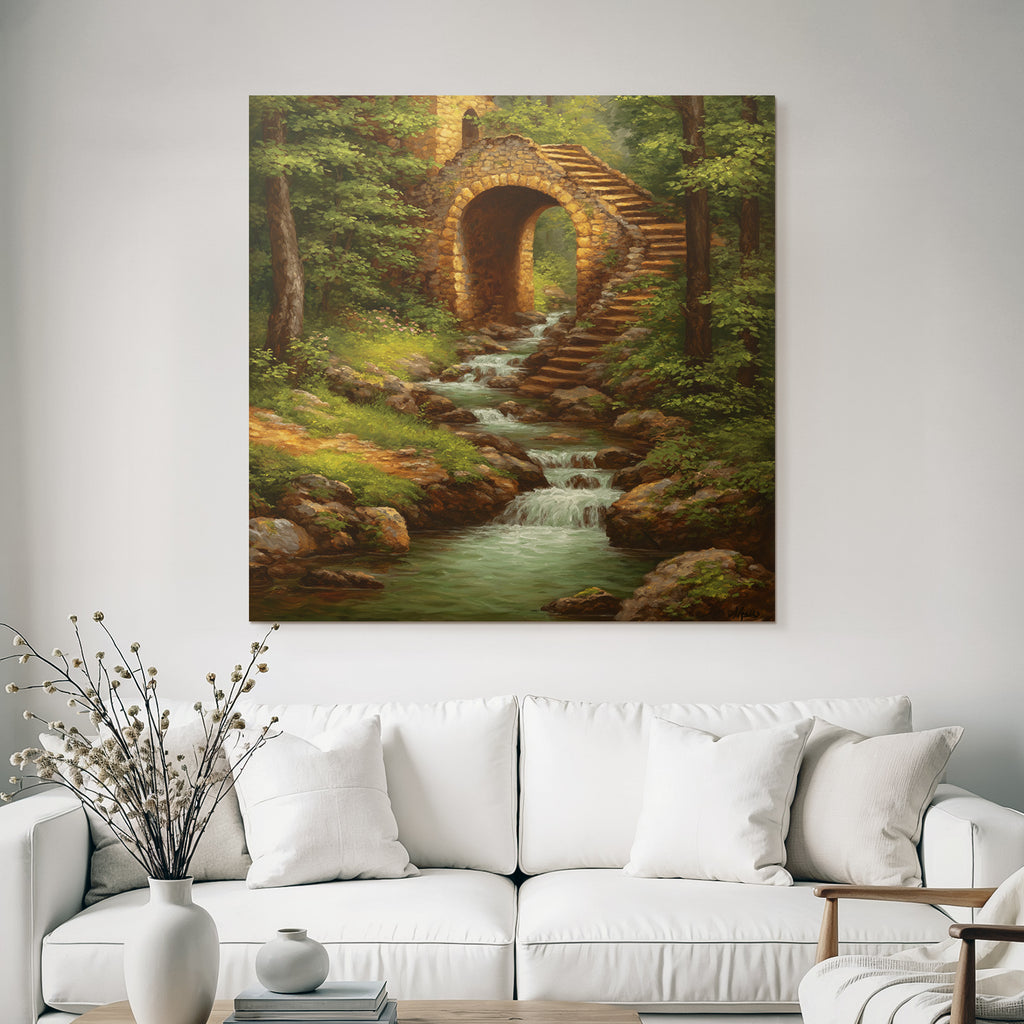 Steinbogen Treppe Mit Sanftem Bach Und Grüner Landschaft