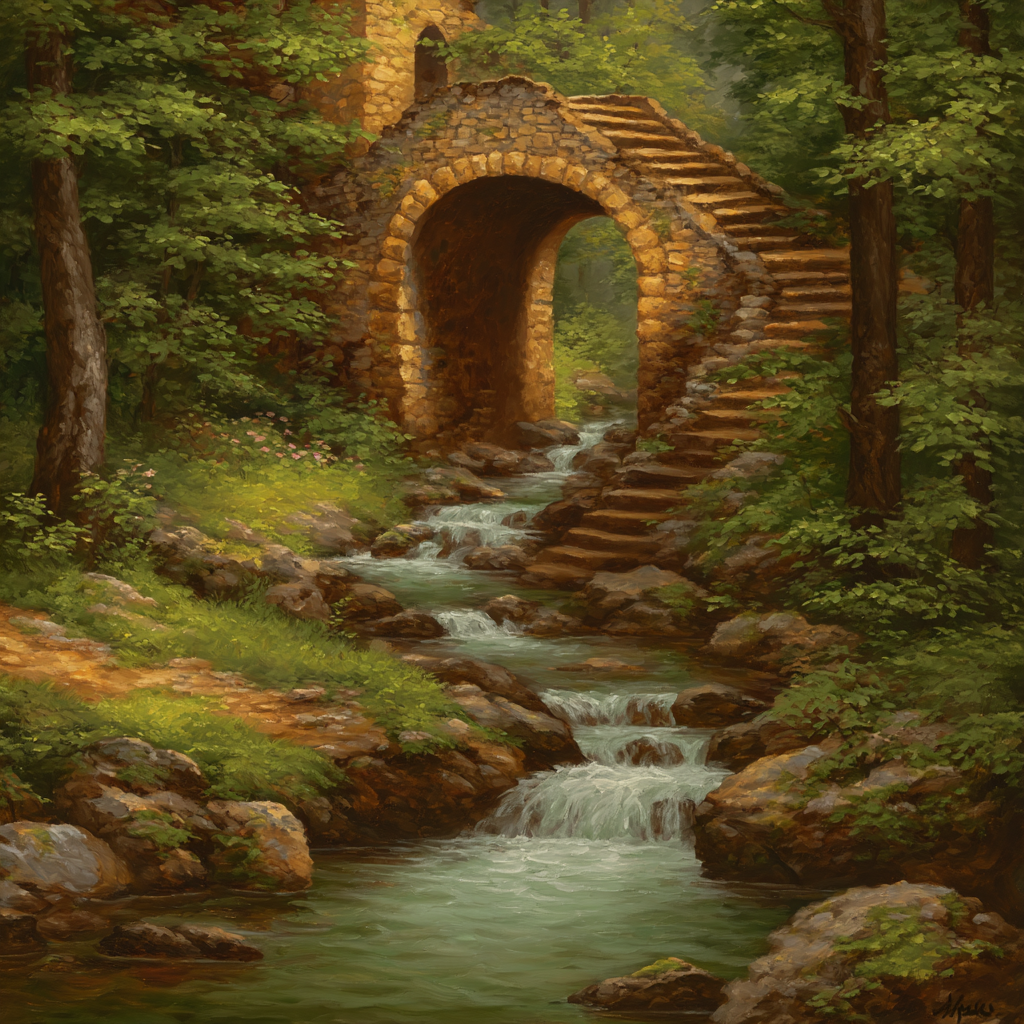 Steinbogen Treppe Mit Sanftem Bach Und Grüner Landschaft | Wasserfaelle und Tropfen | Natur