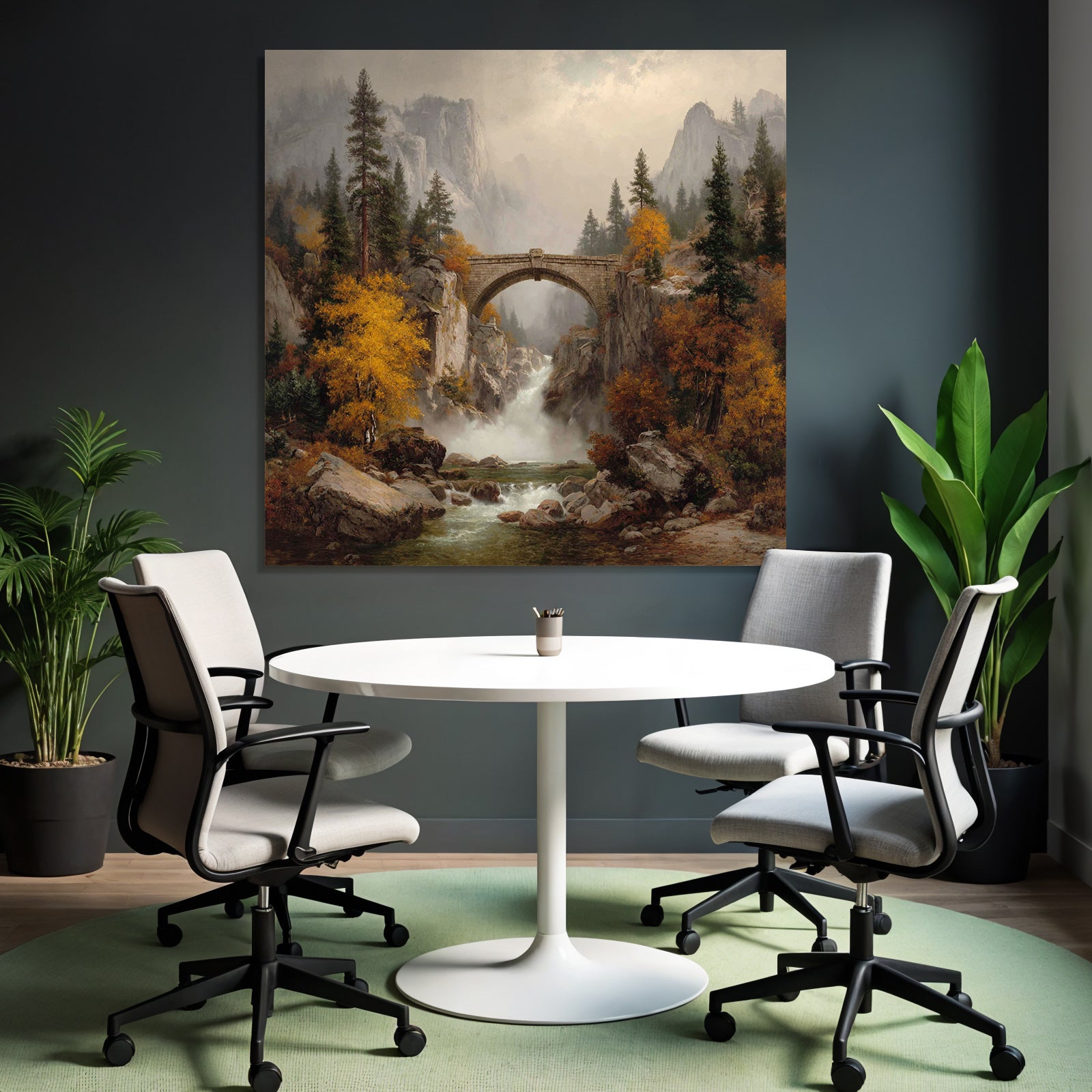 Steinbrücke Über Wasserfall In Herbstlicher Landschaft