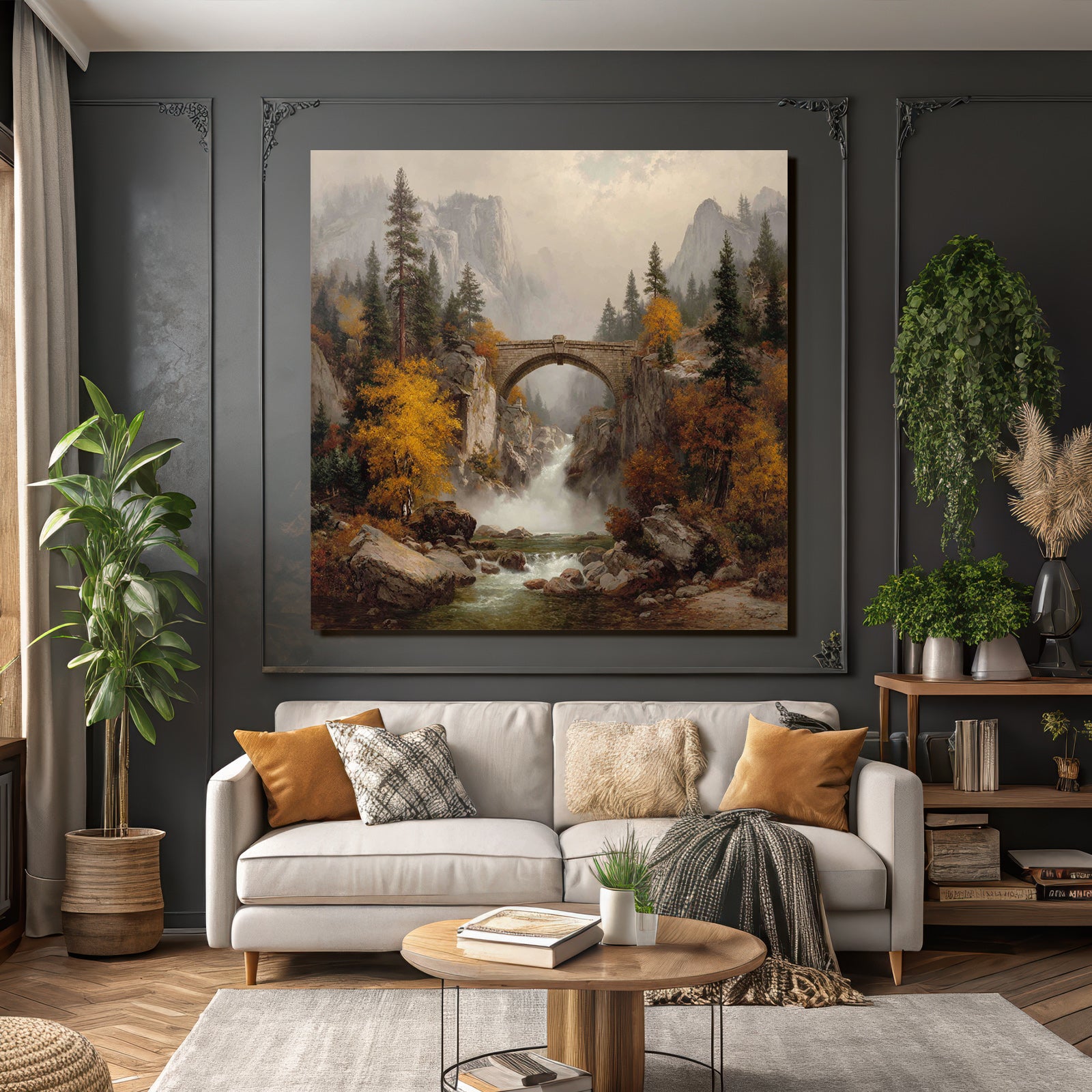 Steinbrücke Über Wasserfall In Herbstlicher Landschaft