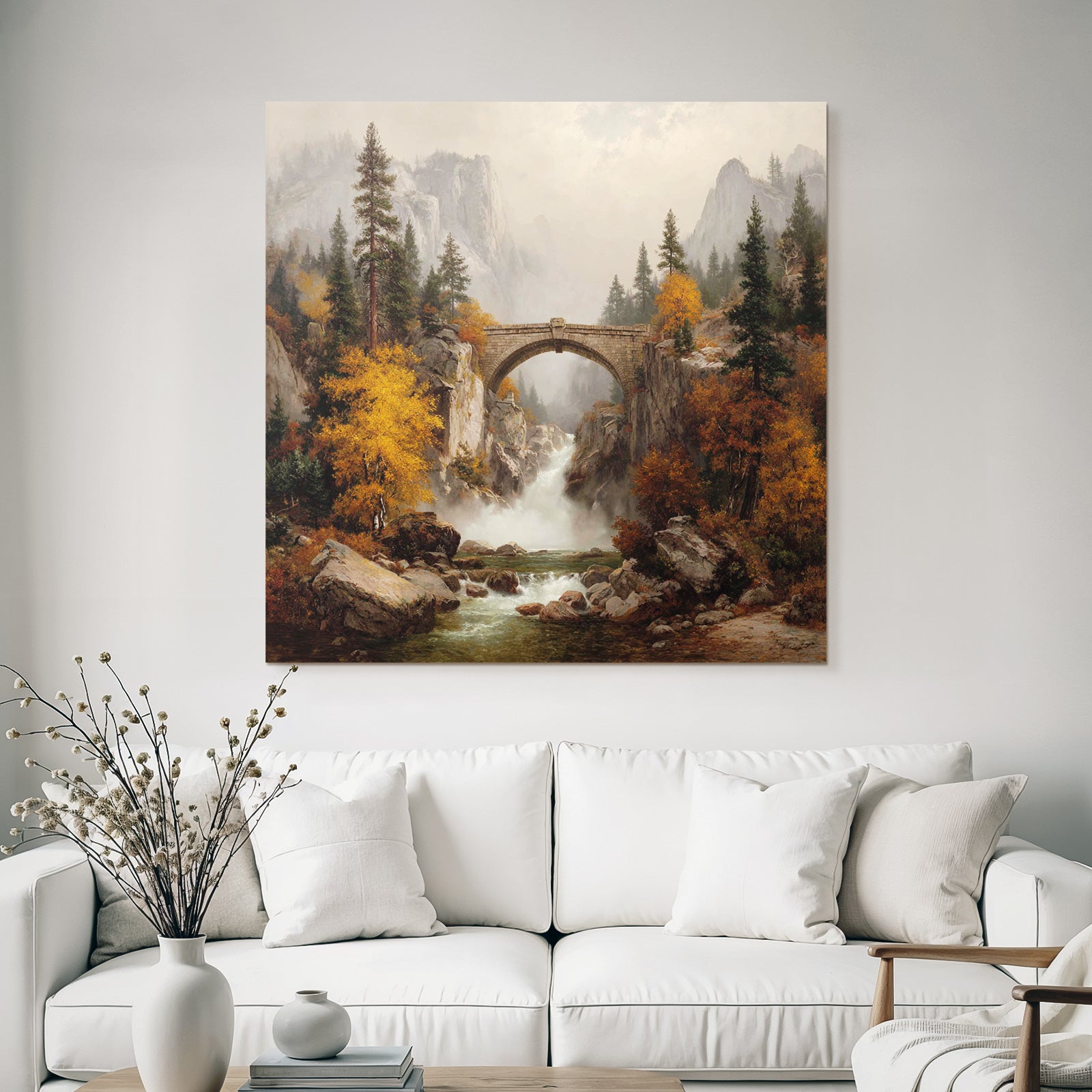 Steinbrücke Über Wasserfall In Herbstlicher Landschaft