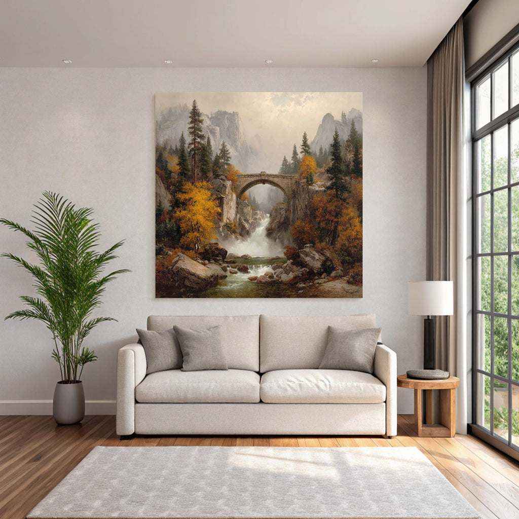 Steinbrücke Über Wasserfall In Herbstlicher Landschaft