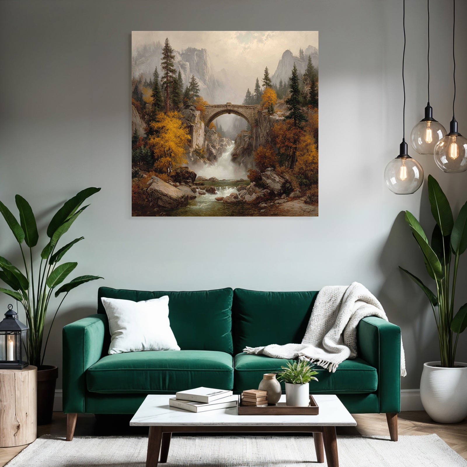 Steinbrücke Über Wasserfall In Herbstlicher Landschaft