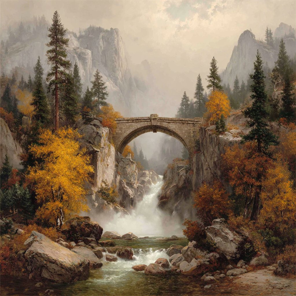 Steinbrücke Über Wasserfall In Herbstlicher Landschaft | Wasserfaelle und Tropfen | Natur