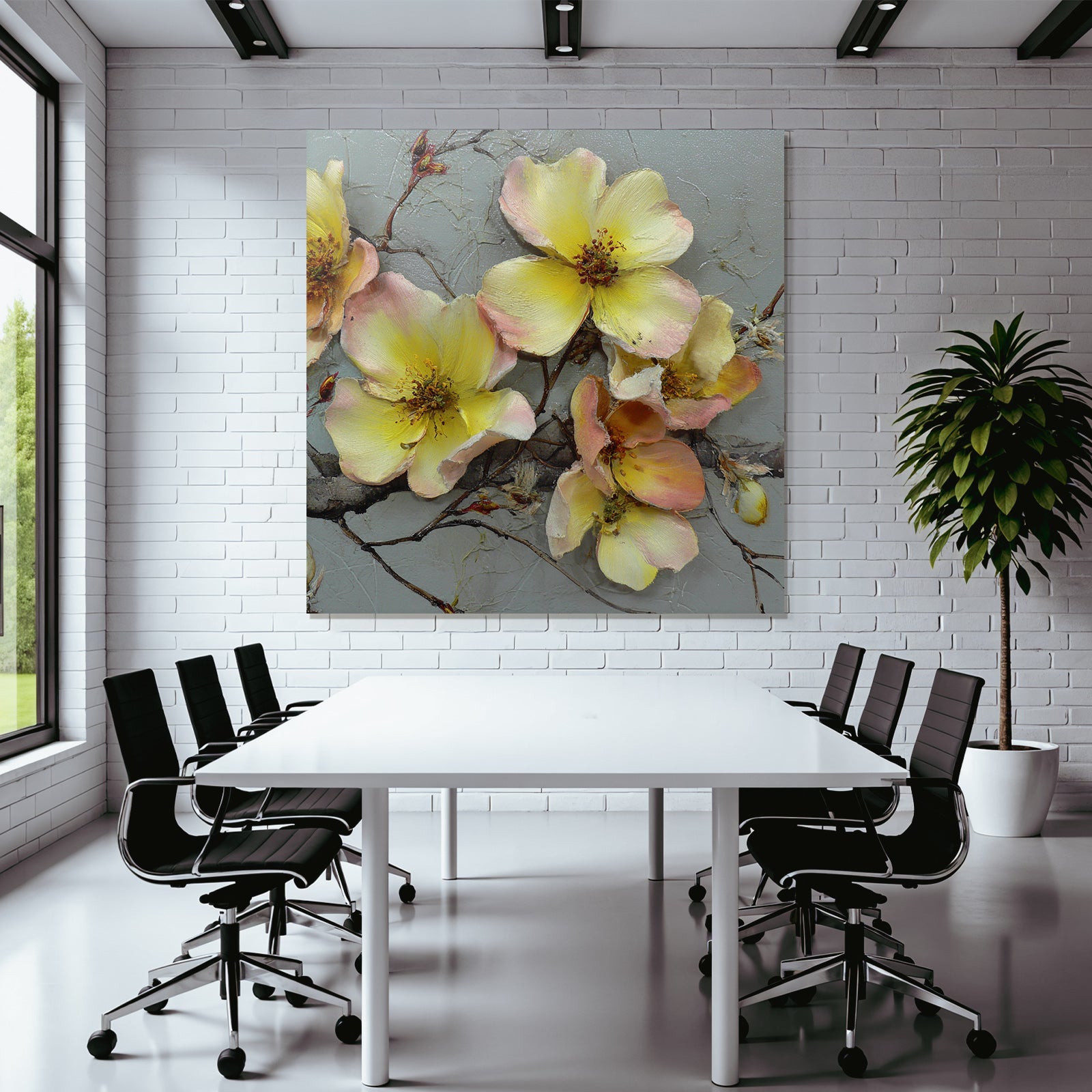 Stilisierte Blumenkomposition In Gelb Und Rosa Mit Zweigen