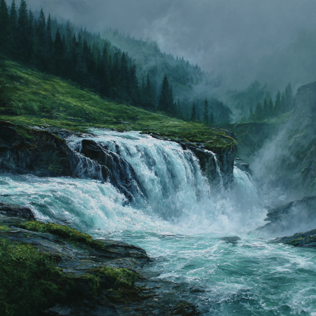 Türkiswasserfall Über Felsiges Terrain Mit Tannenwald Unter Bewölktem Himmel | Wasserfaelle und Tropfen | Natur