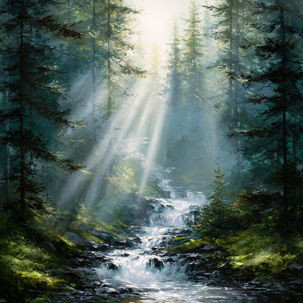 Waldfluss Mit Sonnenstrahlen In Dichtem Wald | Wasserfaelle und Tropfen | Natur