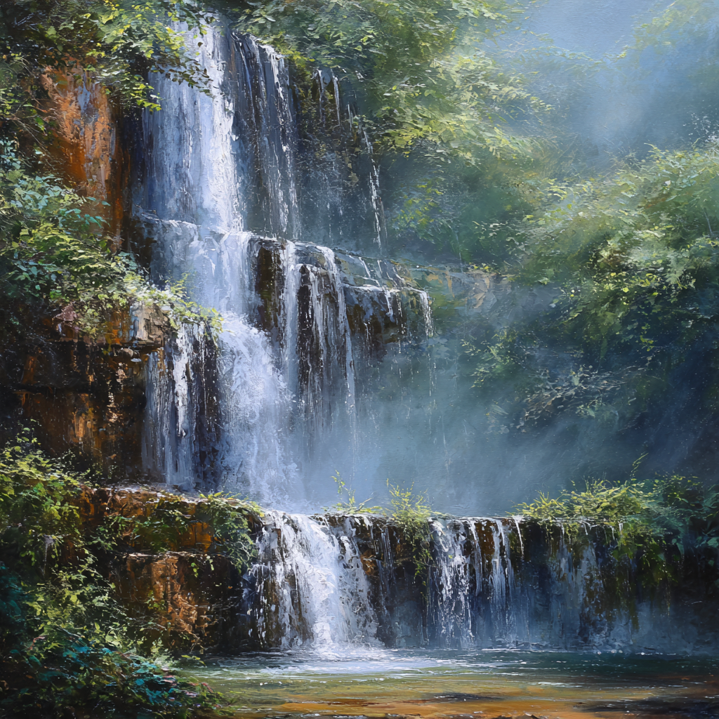 Wasserfall Über Felsige Schichten Umgeben Von Üppigem Grün Mit Nebel | Wasserfaelle und Tropfen | Natur