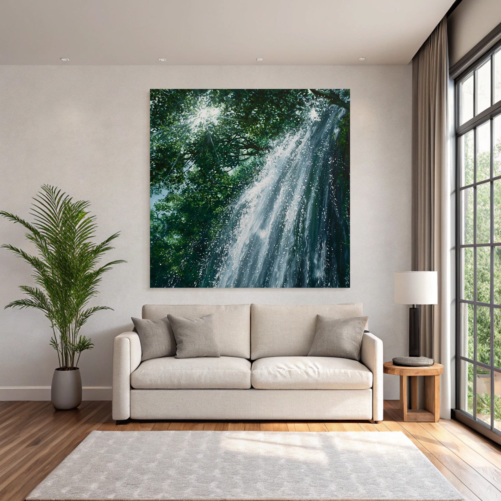 Wasserfall Umgeben Von Üppigem Grün Mit Sonnenstrahlen