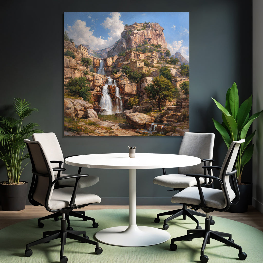 Wasserfall Zwischen Felsklippen Ruinen Und Grunem Laubwald