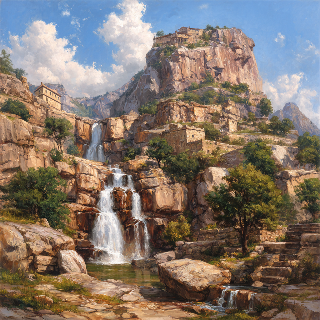 Wasserfall Zwischen Felsklippen Ruinen Und Grunem Laubwald | Wasserfaelle und Tropfen | Natur