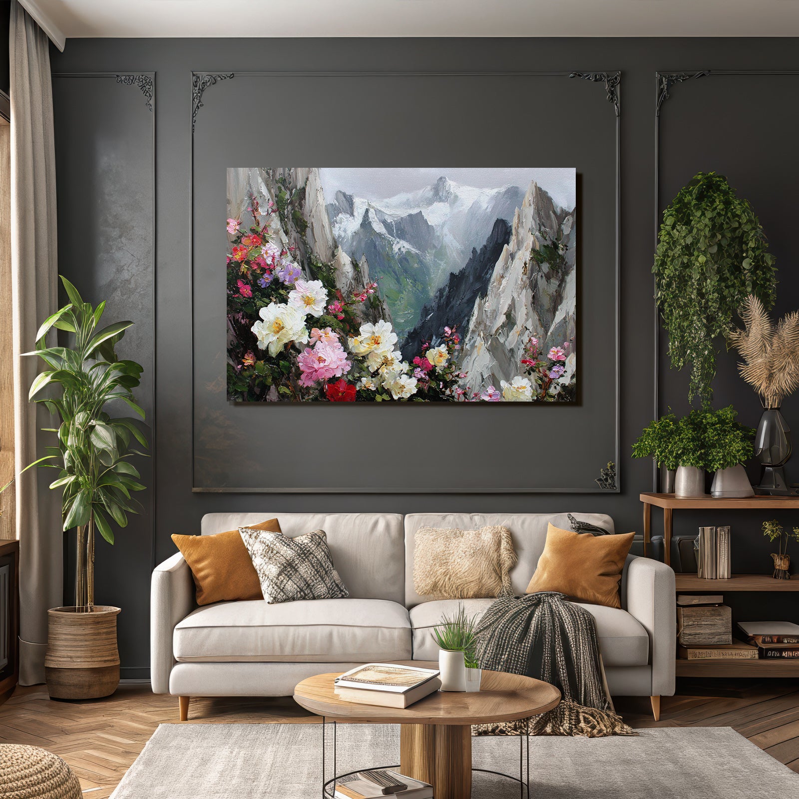 Berglandschaft Mit Bunten Blumen Im Vordergrund Und Schneebedeckten Gipfeln