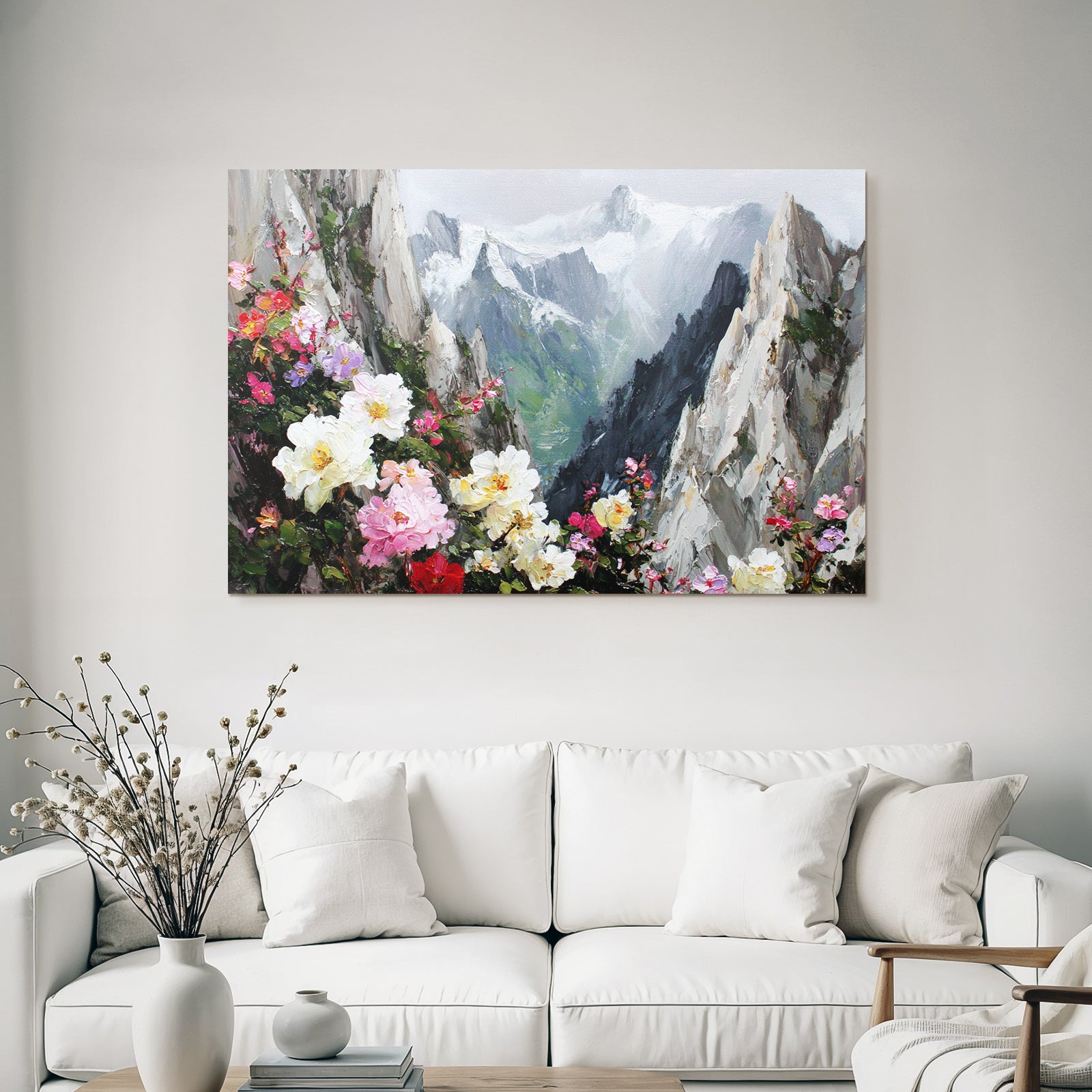 Berglandschaft Mit Bunten Blumen Im Vordergrund Und Schneebedeckten Gipfeln